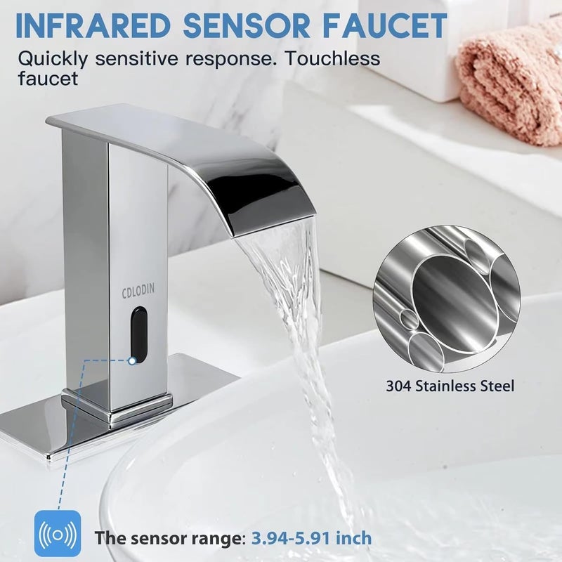 CDLODIN Automatic Sensor Touchless Bathroom Faucet, Modern Chrome Bathroom Faucet for Sink 1 Hole, Waterfall Single Hole Bathroom Sink Faucet Stainless Steel, Hands Free Motion Sensor Lavatory Faucet - Image 4